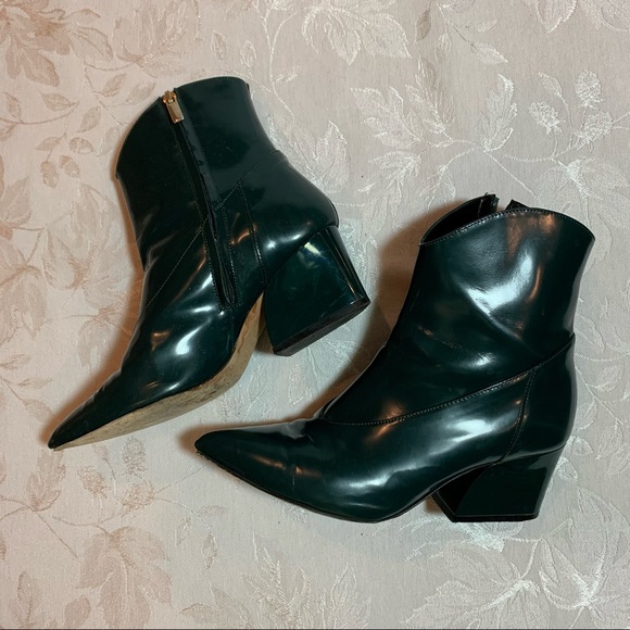 Tibi Shoes - Tibi - Polished Leather Ankle Boots- US size 7 - Dark green.